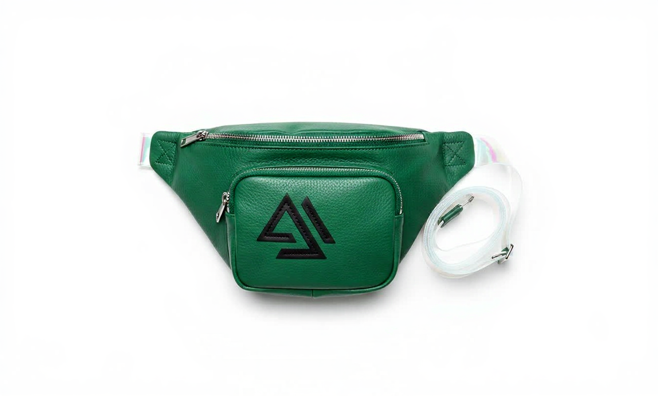 Luxe Leather Fanny Pack (Emerald Green w/ Transparent Strap) Front View